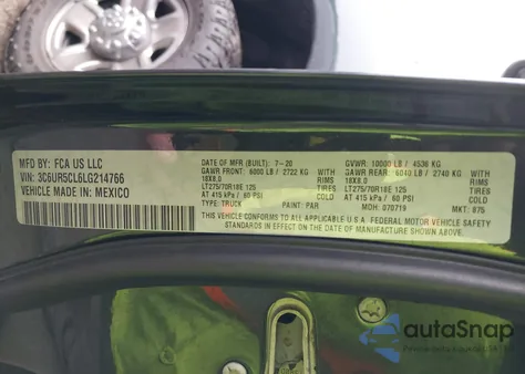 2020 Ram 2500 Tradesman 4X4 6'4 Box z USA, uszkodzony, nr VIN 3C6UR5CL6LG214766